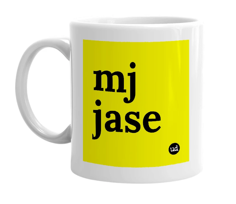 White mug with 'mj jase' in bold black letters