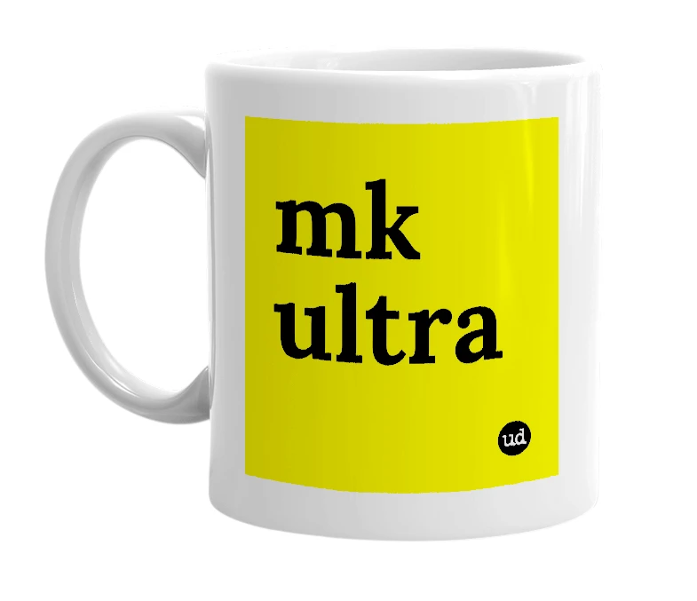 White mug with 'mk ultra' in bold black letters