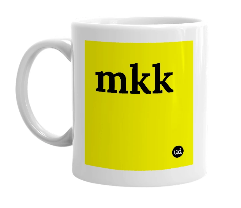 White mug with 'mkk' in bold black letters