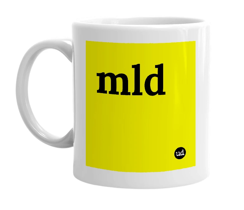 White mug with 'mld' in bold black letters