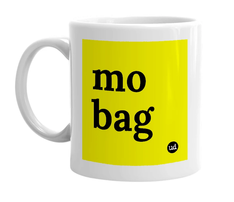 White mug with 'mo bag' in bold black letters