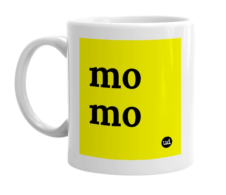 White mug with 'mo mo' in bold black letters