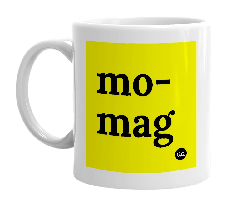 White mug with 'mo-mag' in bold black letters