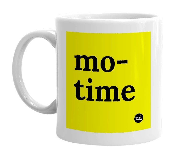 White mug with 'mo-time' in bold black letters