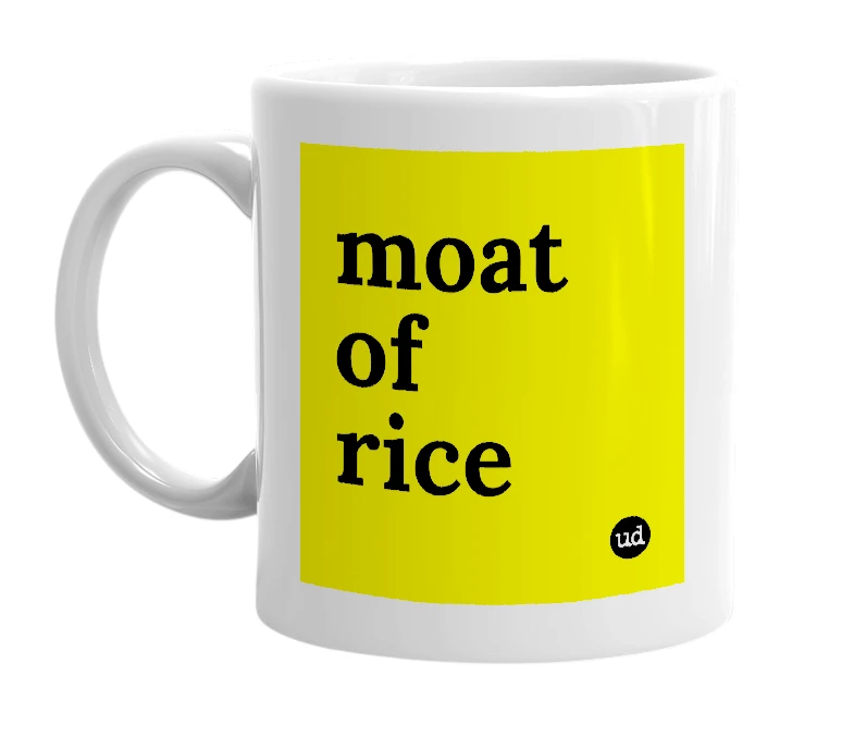 White mug with 'moat of rice' in bold black letters