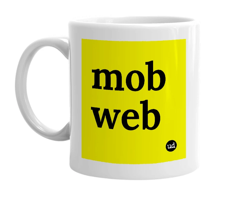 White mug with 'mob web' in bold black letters