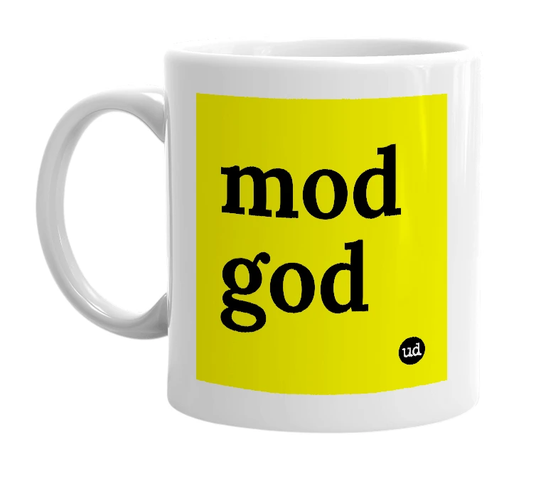 White mug with 'mod god' in bold black letters
