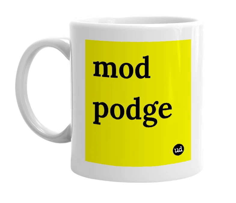 White mug with 'mod podge' in bold black letters