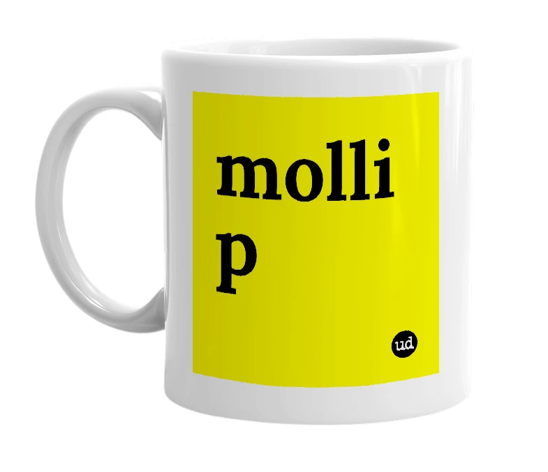 White mug with 'molli p' in bold black letters