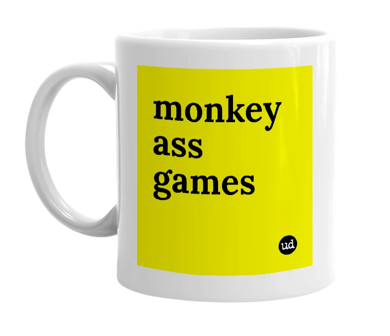 White mug with 'monkey ass games' in bold black letters