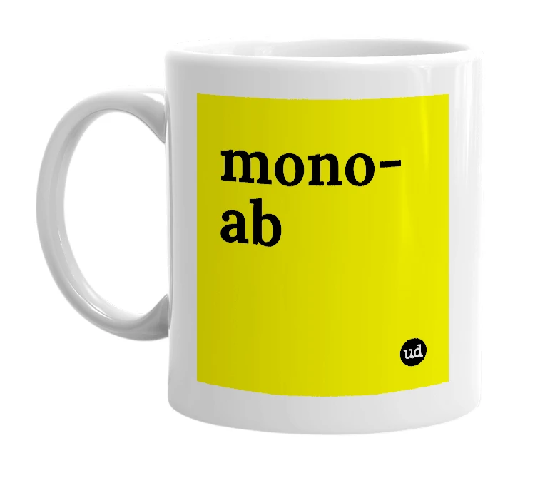 White mug with 'mono-ab' in bold black letters