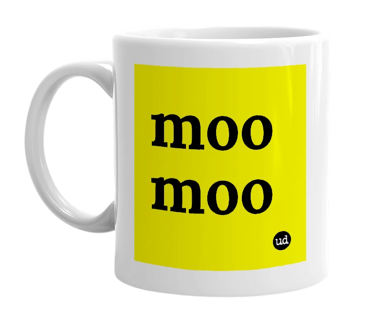 White mug with 'moo moo' in bold black letters