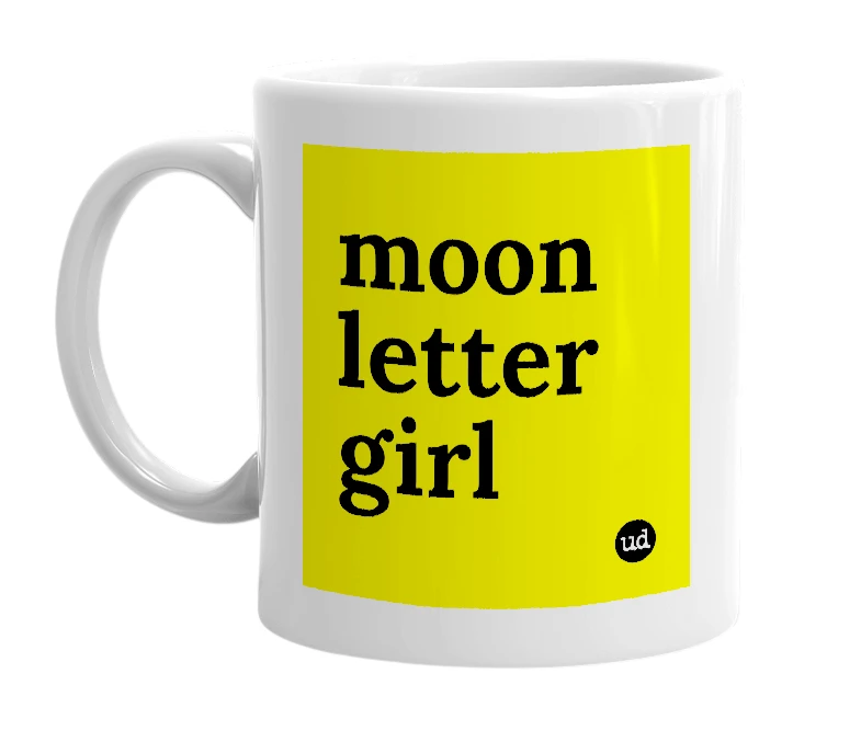 White mug with 'moon letter girl' in bold black letters