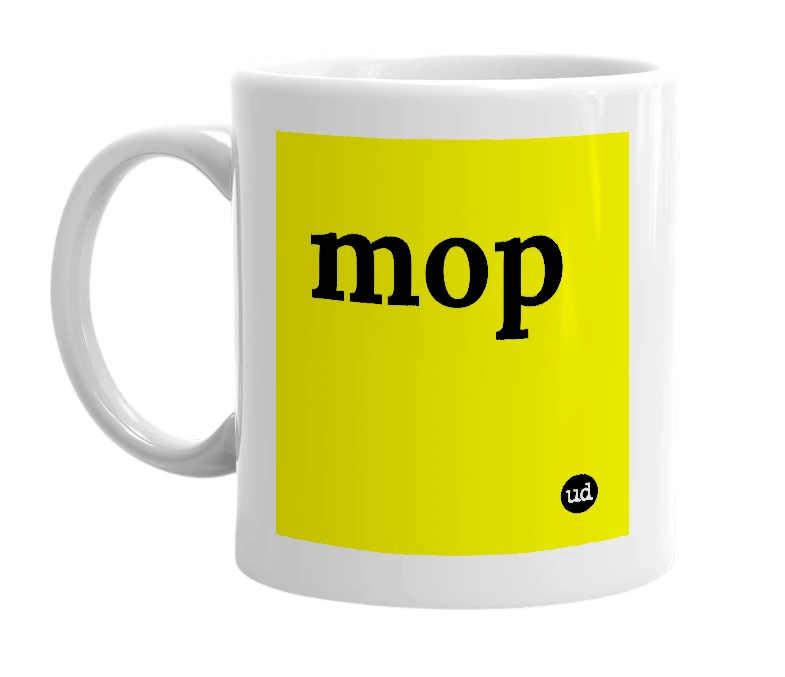 White mug with 'mop' in bold black letters