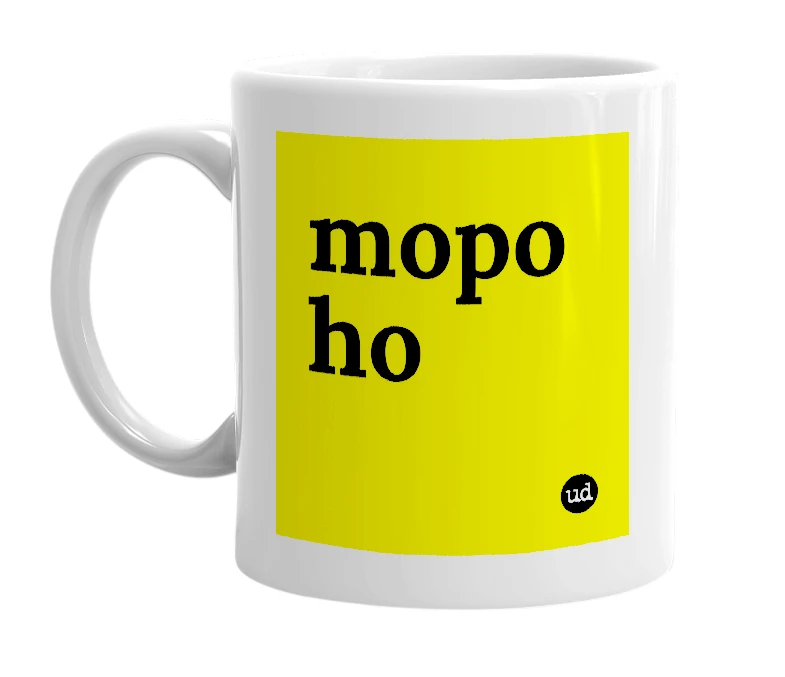 White mug with 'mopo ho' in bold black letters