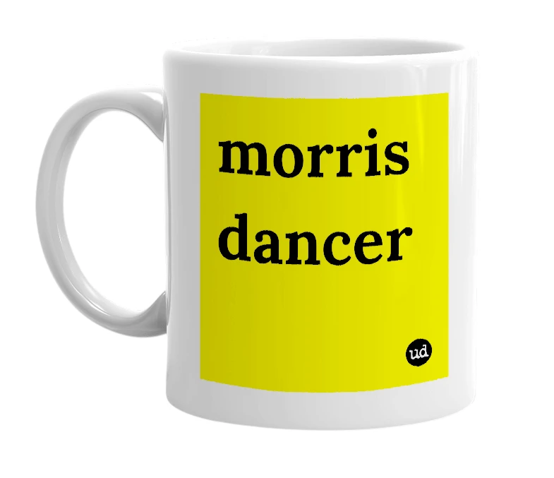 White mug with 'morris dancer' in bold black letters