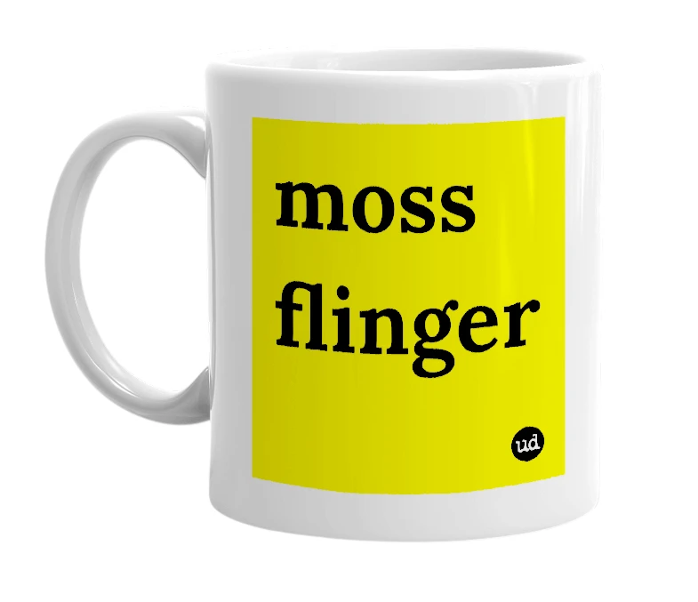 White mug with 'moss flinger' in bold black letters