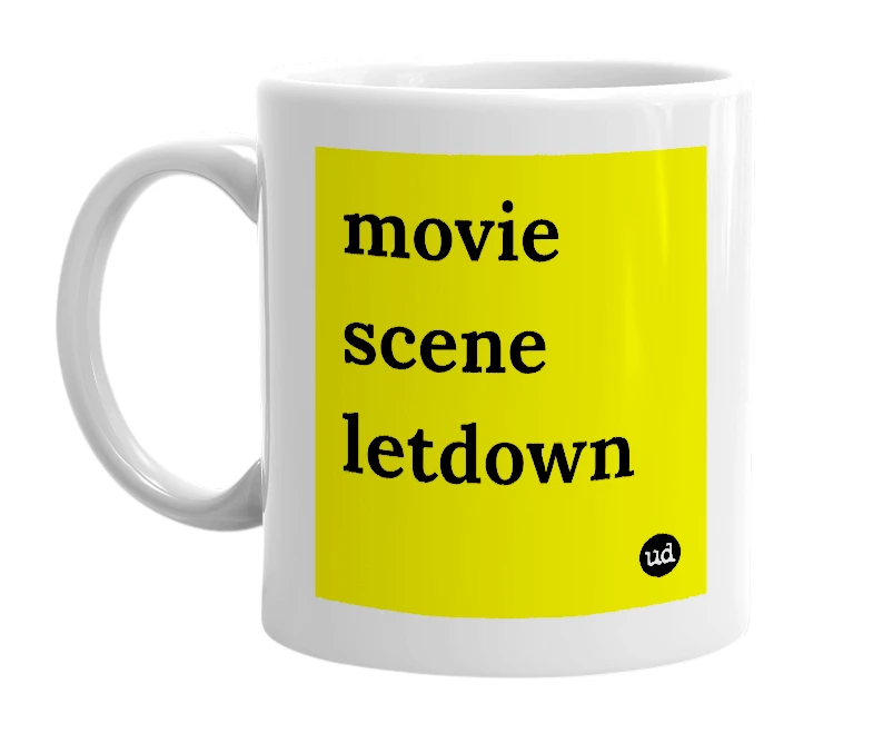 White mug with 'movie scene letdown' in bold black letters