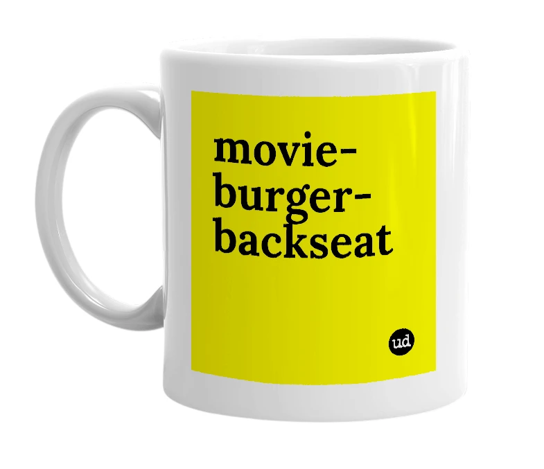 White mug with 'movie-burger-backseat' in bold black letters