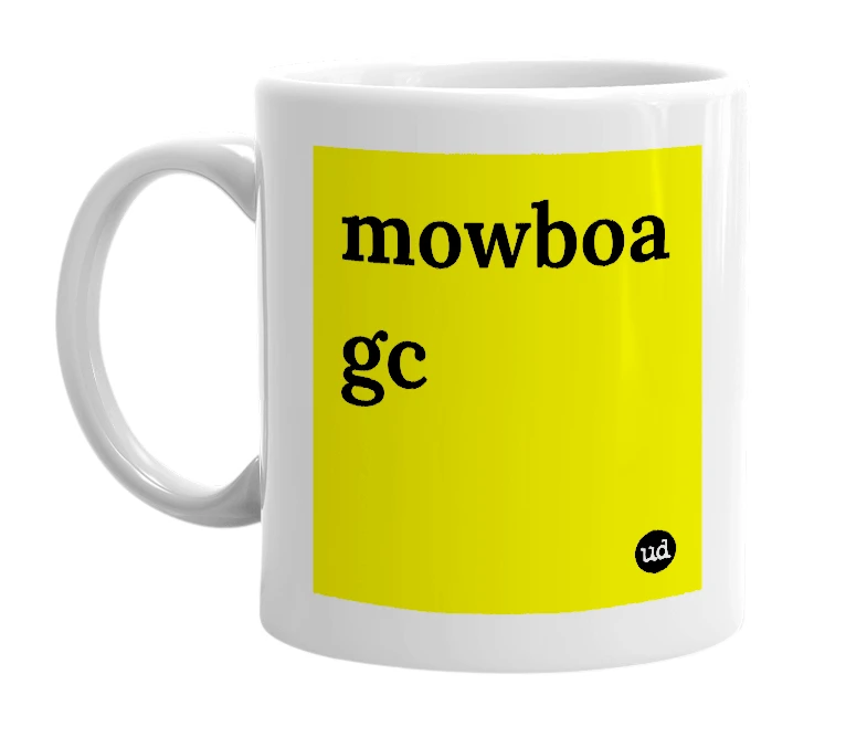White mug with 'mowboa gc' in bold black letters