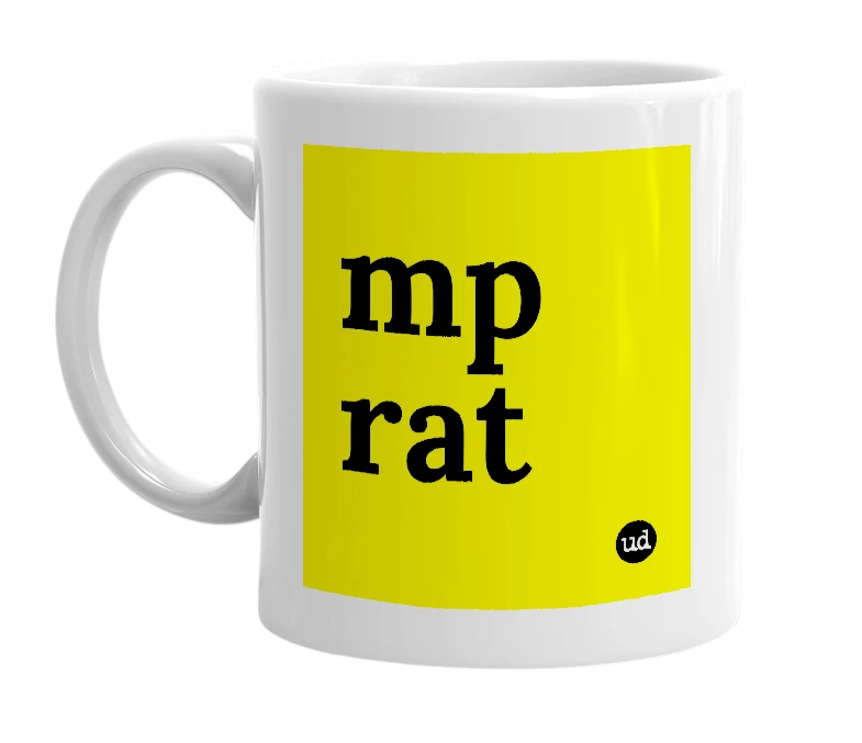 White mug with 'mp rat' in bold black letters