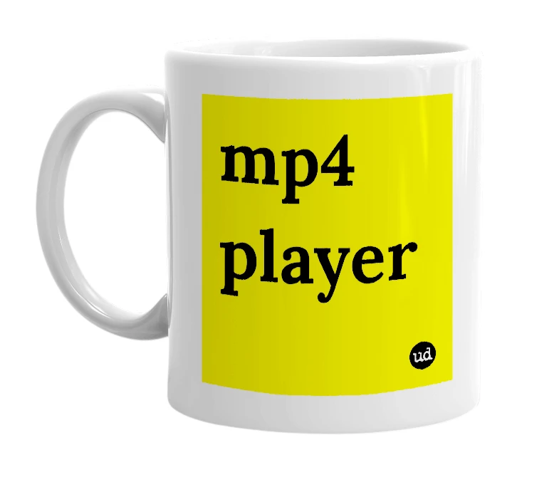 White mug with 'mp4 player' in bold black letters
