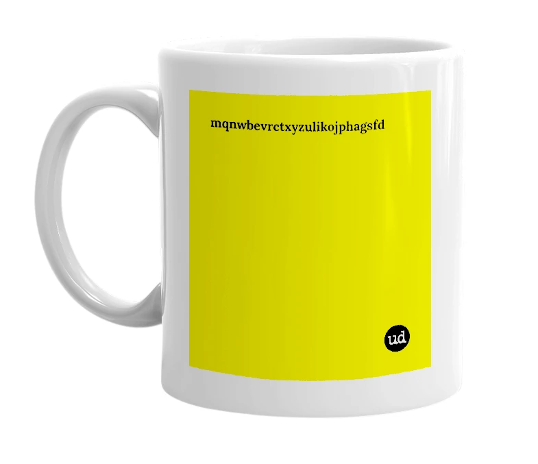 White mug with 'mqnwbevrctxyzulikojphagsfd' in bold black letters