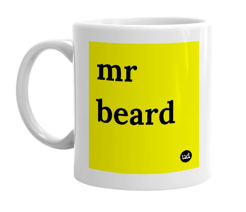 White mug with 'mr beard' in bold black letters