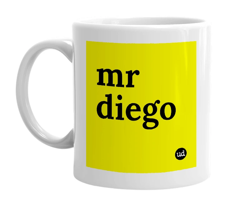 White mug with 'mr diego' in bold black letters