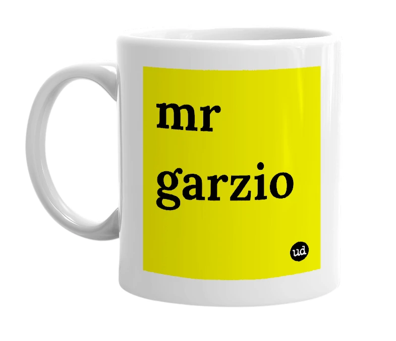 White mug with 'mr garzio' in bold black letters