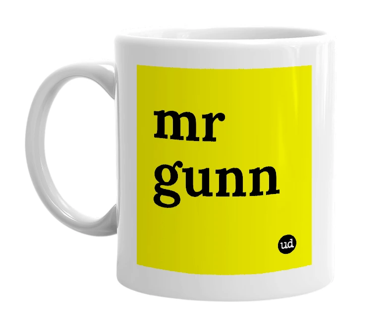 White mug with 'mr gunn' in bold black letters