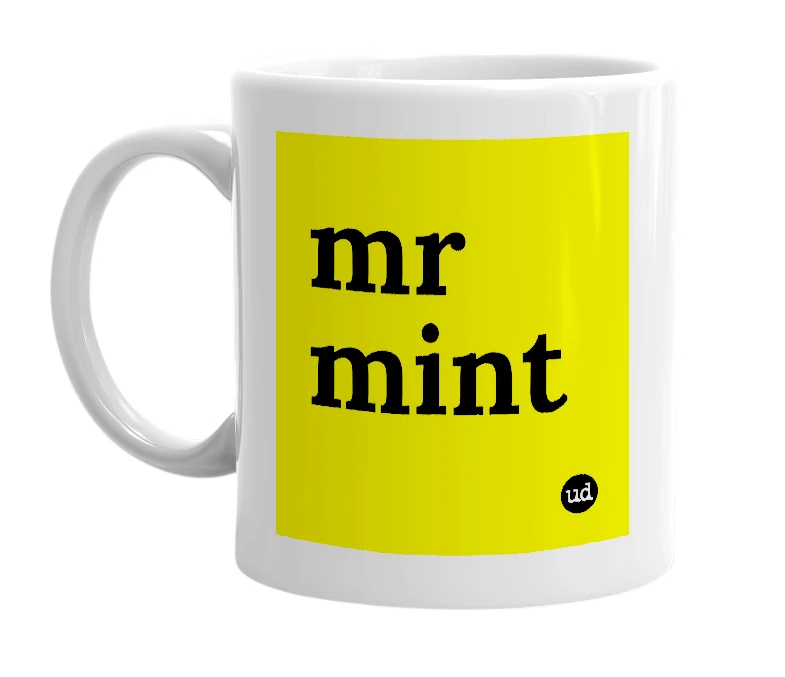 White mug with 'mr mint' in bold black letters