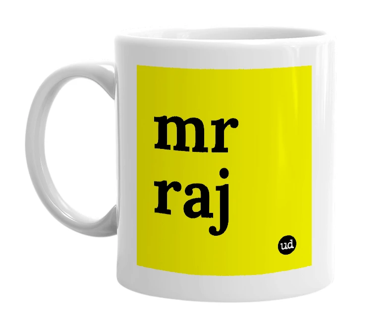 White mug with 'mr raj' in bold black letters