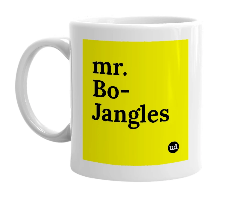 White mug with 'mr. Bo-Jangles' in bold black letters