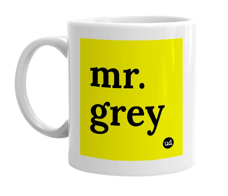 White mug with 'mr. grey' in bold black letters