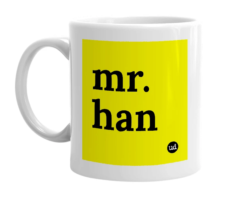 White mug with 'mr. han' in bold black letters