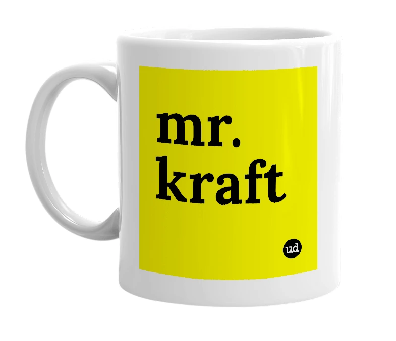 White mug with 'mr. kraft' in bold black letters