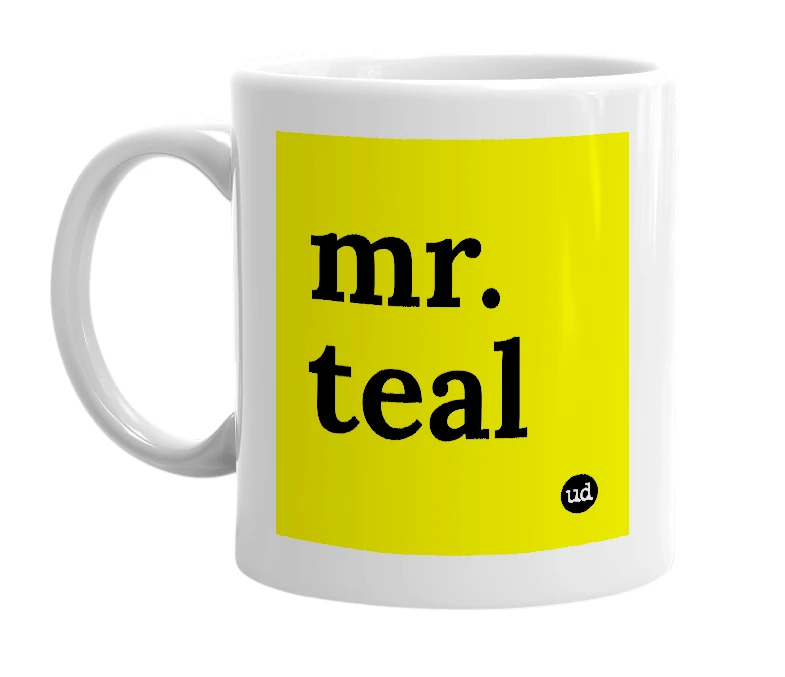 White mug with 'mr. teal' in bold black letters
