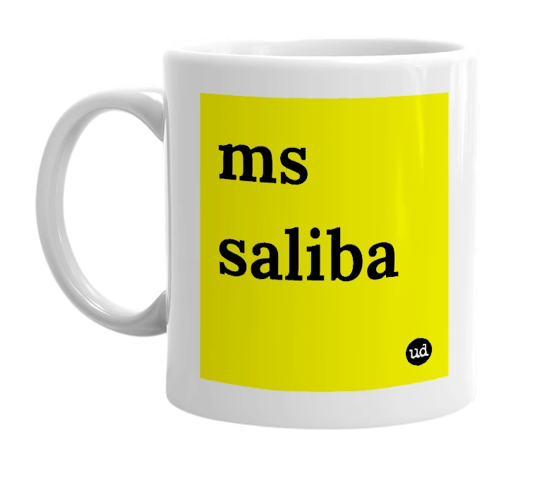 White mug with 'ms saliba' in bold black letters
