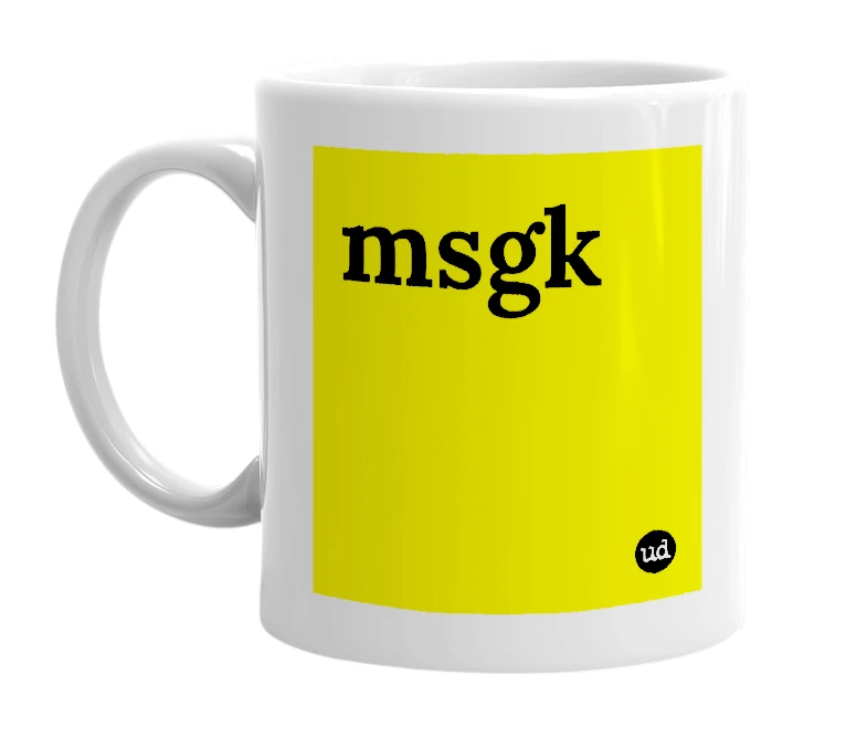 White mug with 'msgk' in bold black letters