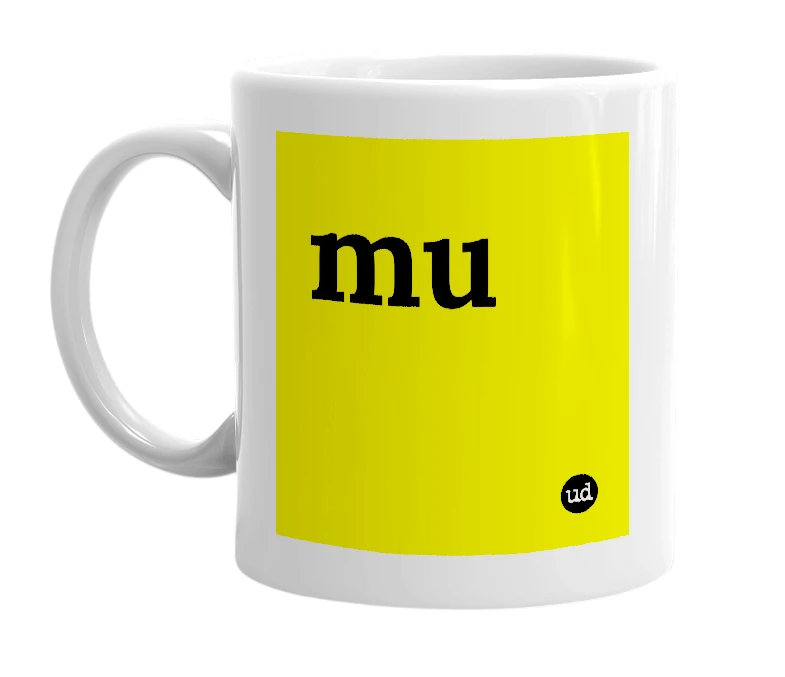 White mug with 'mu' in bold black letters