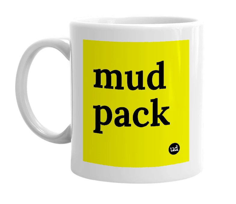 White mug with 'mud pack' in bold black letters