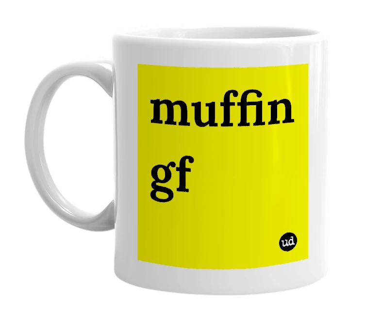 White mug with 'muffin gf' in bold black letters