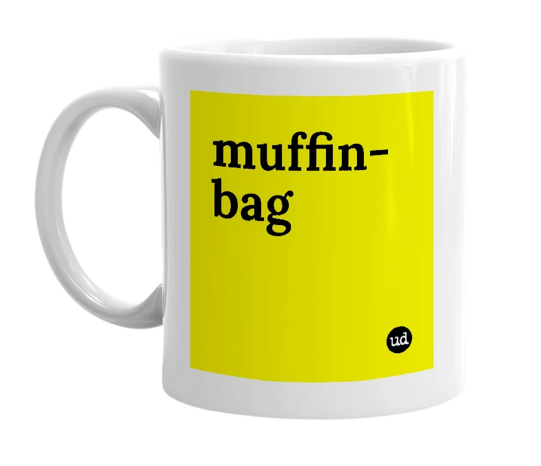 White mug with 'muffin-bag' in bold black letters