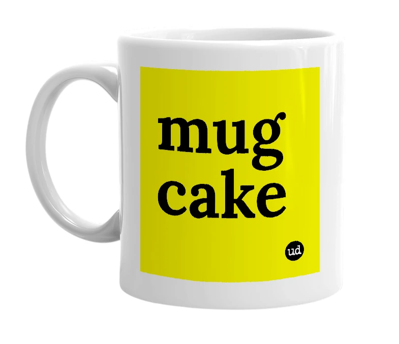 White mug with 'mug cake' in bold black letters