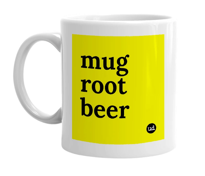 White mug with 'mug root beer' in bold black letters