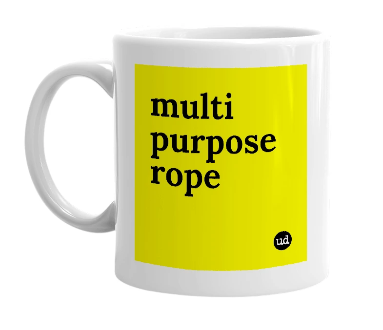 White mug with 'multi purpose rope' in bold black letters