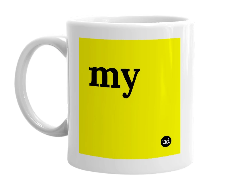 White mug with 'my' in bold black letters