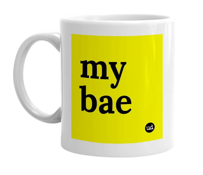 White mug with 'my bae' in bold black letters