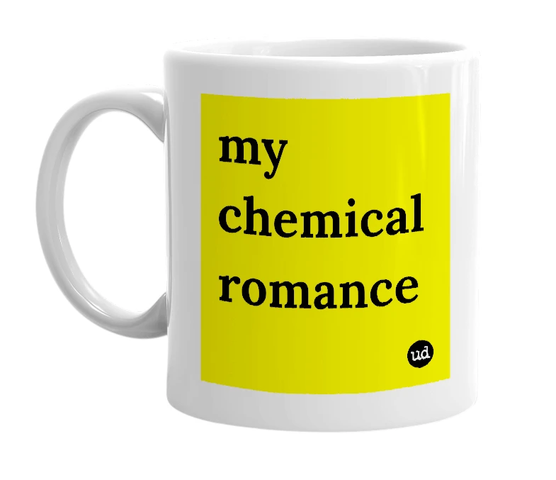 White mug with 'my chemical romance' in bold black letters